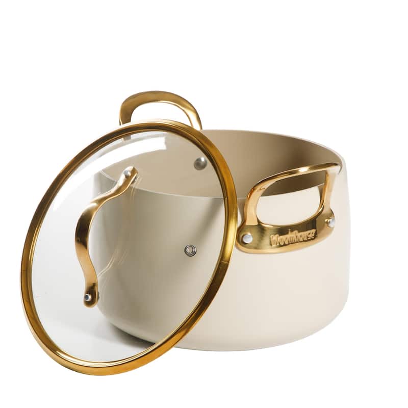 Bloomhouse 8Qt PFAS-free Ceramic Nonstock Stock Pot w/ Lid, Heavy-Duty Aluminum, Linen White, Gold Handles