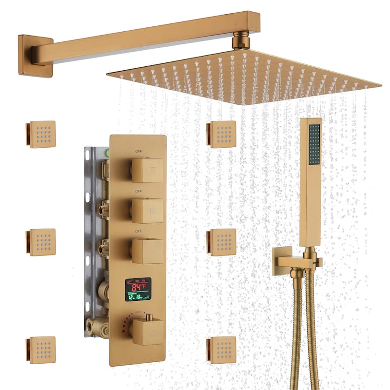 CASAINC 12 Inch Wall Mounted Square Shower Head Shower System with Handheld Shower Body Digital Display Shower 6 Body Jet