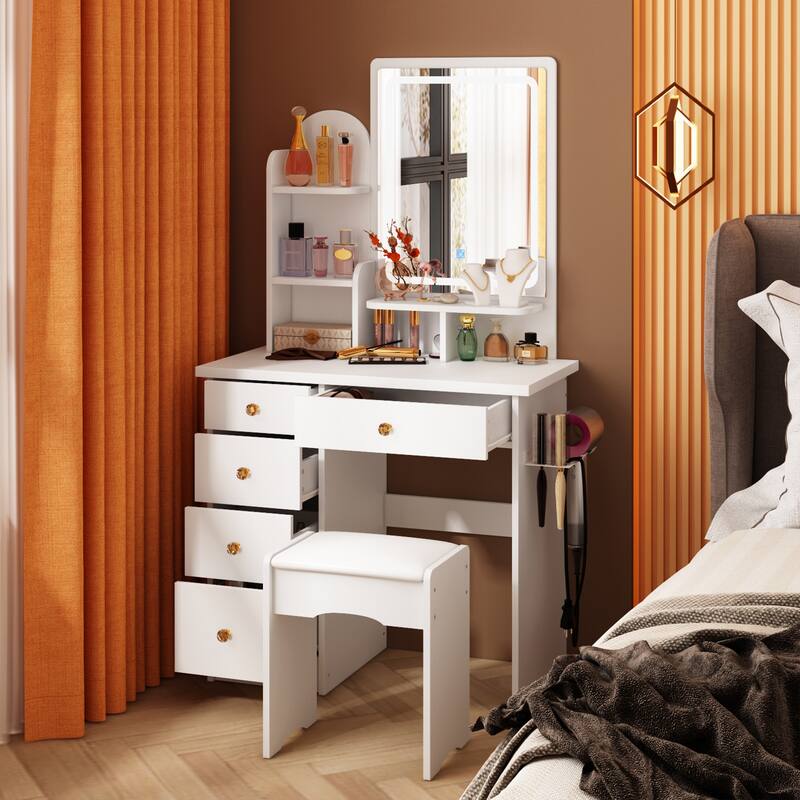 Vanity Set with Stool, Lighted Mirror, Outlets,Makeup Table Dressing - 31.5"W