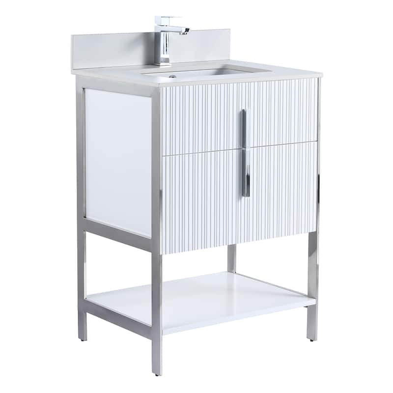 Fine Fixtures Serenity Modern Bathroom Vanity with White Stone Top - White Matte - Chrome Hardware - 24 inch