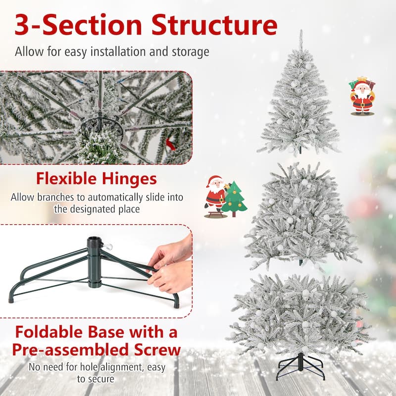 Gymax 6/7/8 FT Snow-flocked Artificial Christmas Tree w/51/65/81 - Green+White