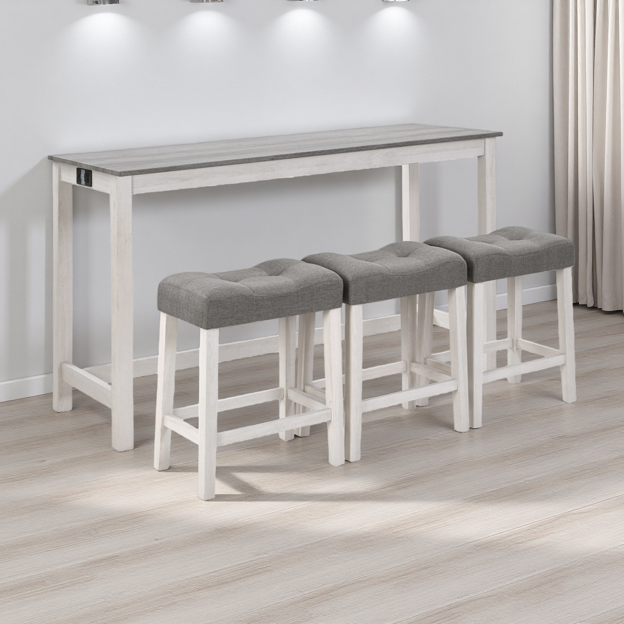 4-Piece Bar Height Dining Set with Power Outlet and 3 Padded Stools