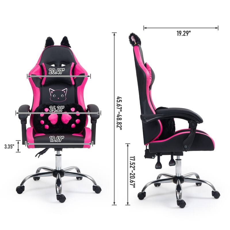 Cute Gaming Chair with Cat Paw Lumbar Cushion and Cat Ears, Ergonomic Computer Chair,Reclining PC Game Chair