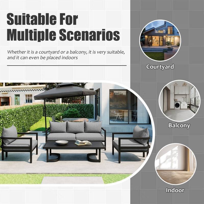 4-Piece Patio Furniture Set, Outdoor Sectional Sofa Set Steel Conversation Set with Loveseat, 2 Armchairs and Coffee Table
