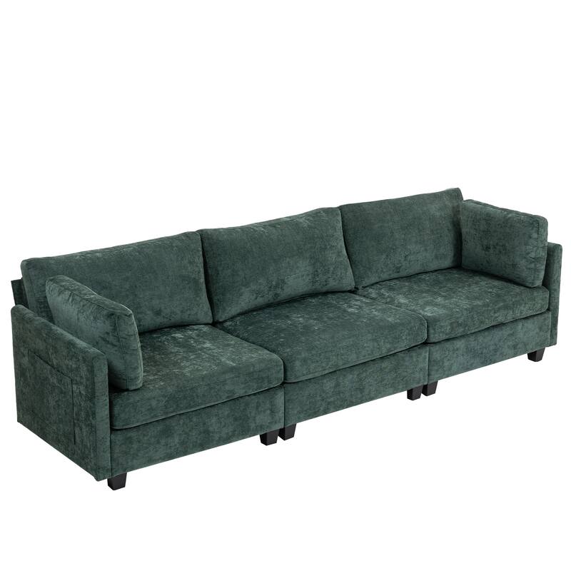 Chenille Upholstered 3 Seater Sofa, Cloud Sofa with 2 Pillows, Deep Seat Sofa with Storage Pocket for Living Room, Apartment