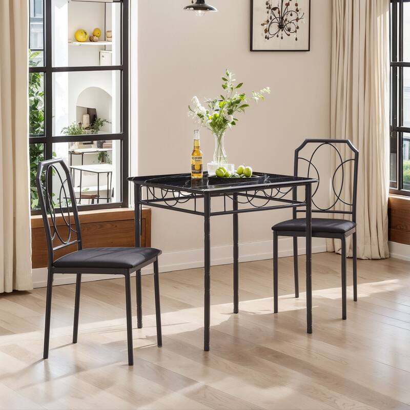 VECELO Industrial 3-Piece Space-Saving Square Dining Set MDF Table with Black PU Leather Dining Chairs Small Spaces