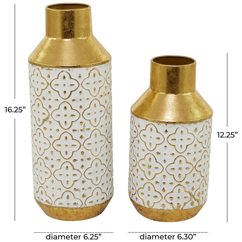 Gold Metal Handmade Embossed Quatrefoil Decorative Vase with Gold Detailing (Set of 2) - 16", 12"H