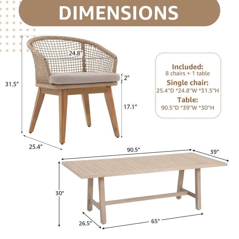 Outdoor Patio 9-Piece Dining Set With Rope-Woven Dining Chairs