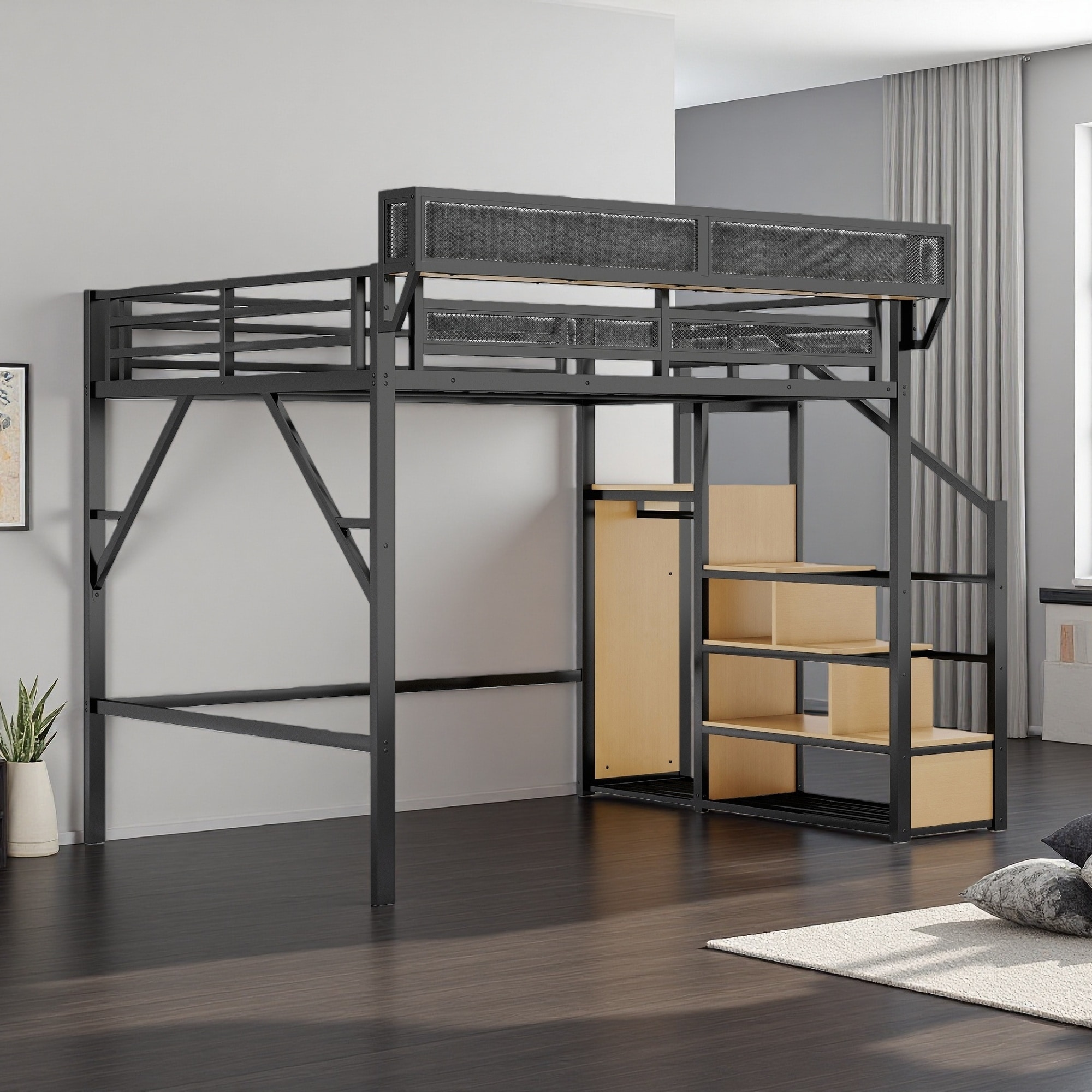 Queen Metal Loft Bed with Stairs & Wardrobe