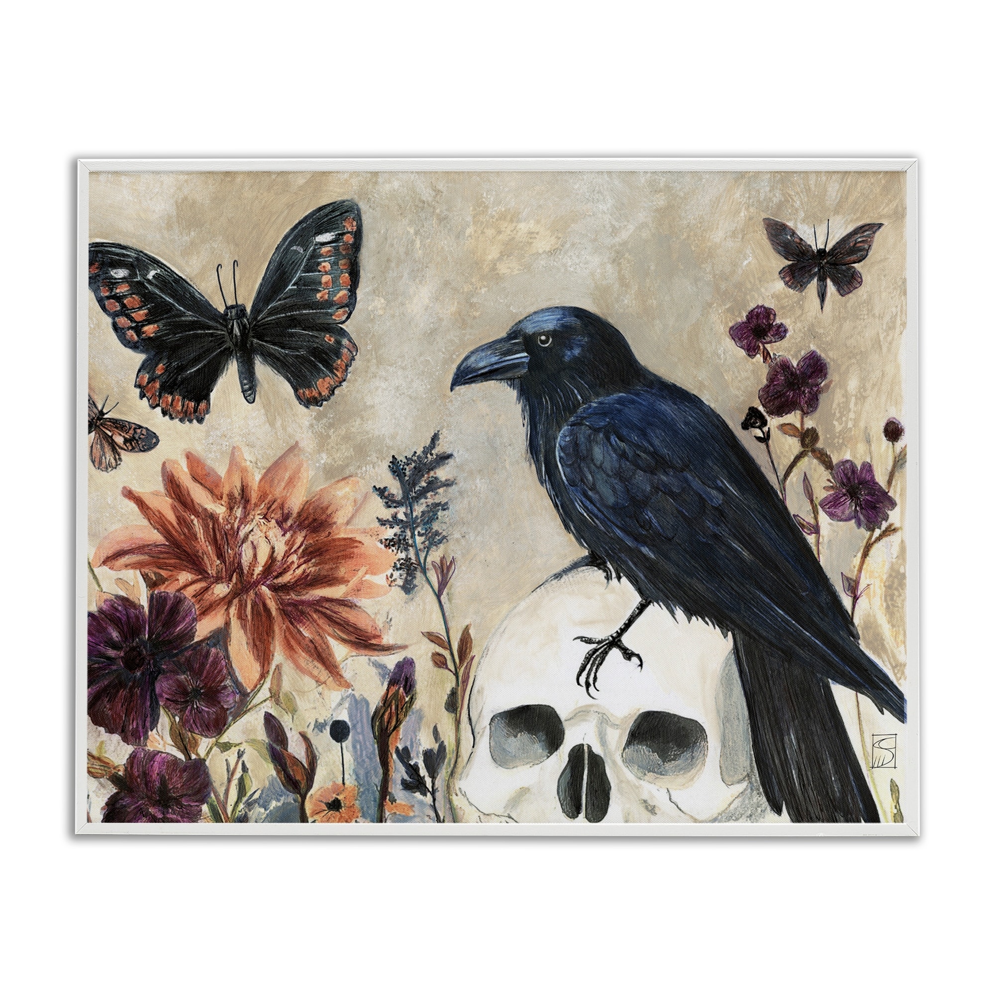 Stupell Halloween Crow with Butterflies Framed Giclee Art Design By Sara Culpepper