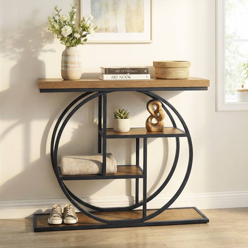 Gymax 4-Tier Console Table w/Storage Shelves Circle Base Accent Behind