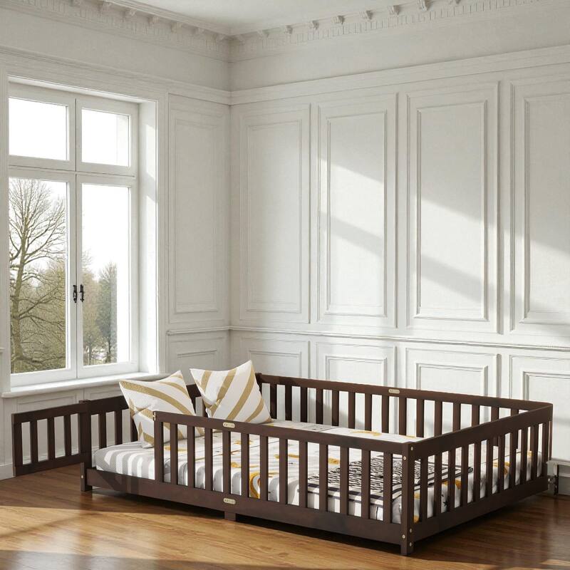 Full Size Rubber Wood Floor Bed with Fence and Door, Montessori Platform Bed with Safety Guardrails for Kids