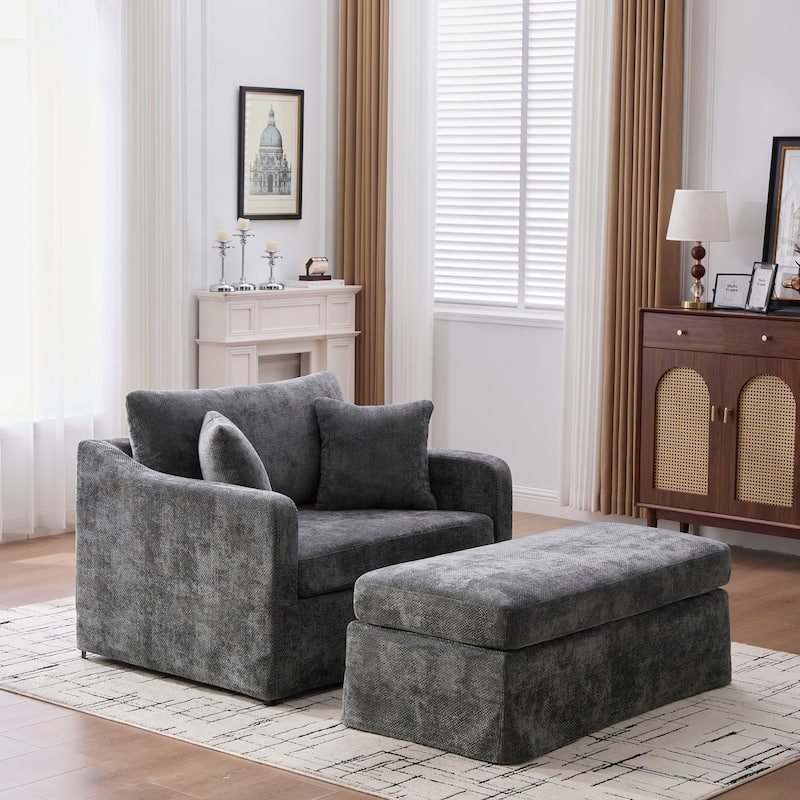 Morden Accent Chair with Ottoman, Chenille Living Room Side Chair, Single Sofa Armchair with Bolster Pillows