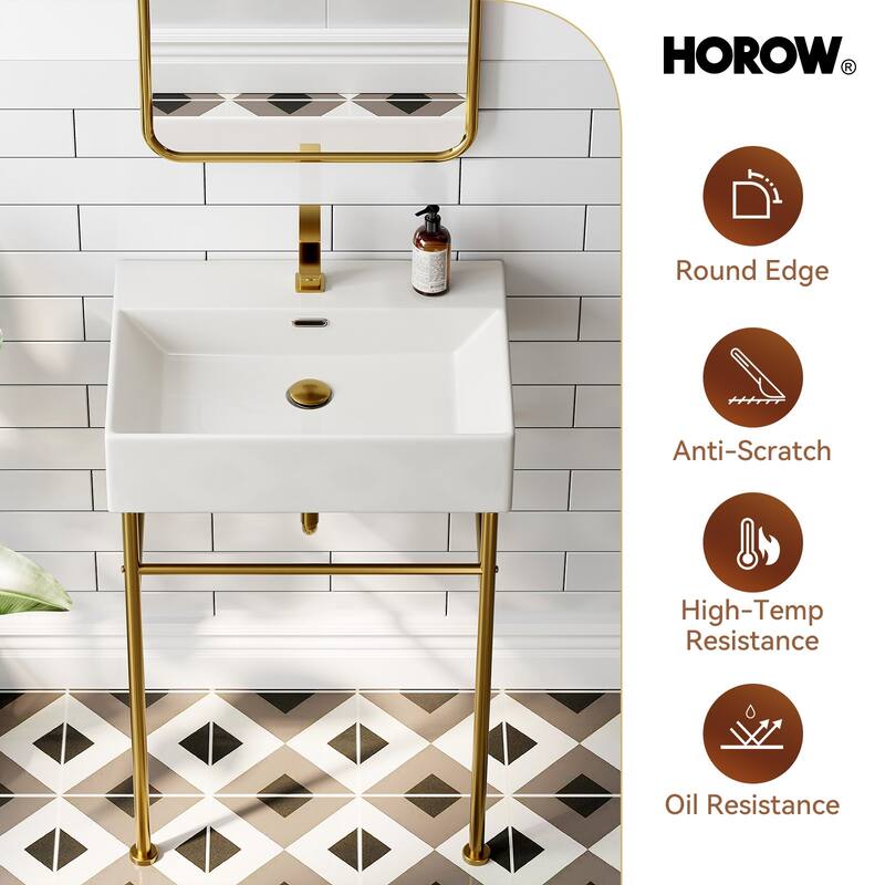 HOROW 24 in. Ceramic White Rectangular Bathroom Console Sink with Golden Legs and Overflow