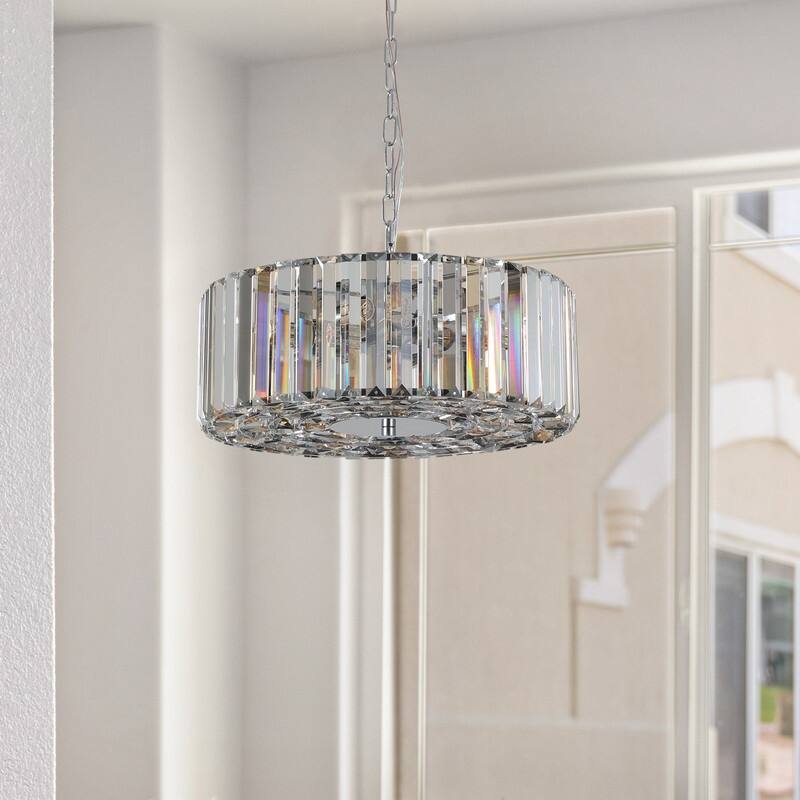 Modern 17" Chrome Crystal Pendant Chandelier, 4 - Light Adjustable E26 Hanging Light for Home (No Bulbs) - Transparent