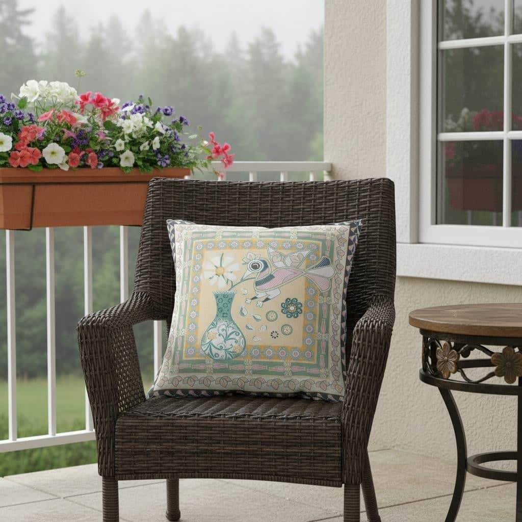 HomeRoots 18" x 18" Beige and Black Peacock Blown Seam Floral Indoor Outdoor Throw Pillow - 18.00' X '5.00' X '18.00