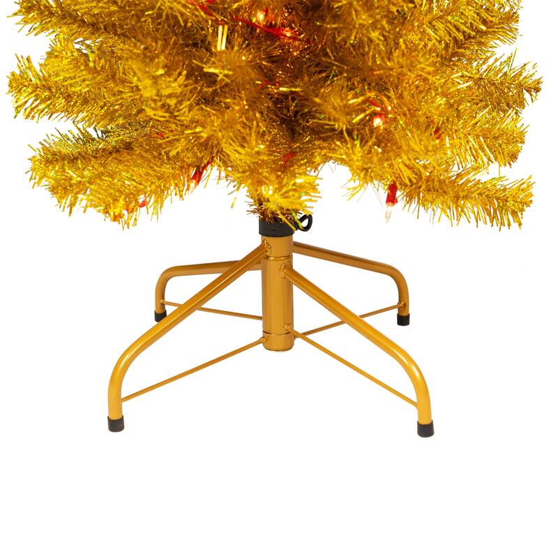 Pre-Lit Pencil Tinsel Artificial Christmas Tree - 6' - Gold - Clear Lights - Red Wire - 6 Foot