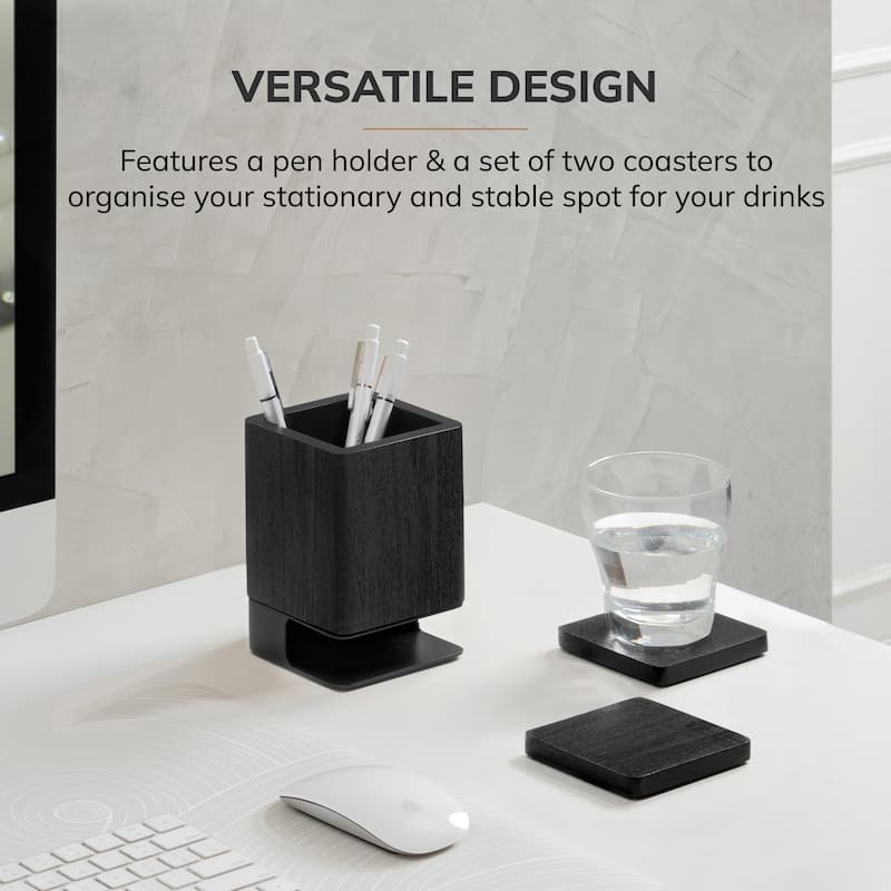 Jani Wooden Pen Cup Holder with 2 Coasters - Stained Mango Wood & Powder-Coated Metal Organizer for Home, Office & Living Spaces
