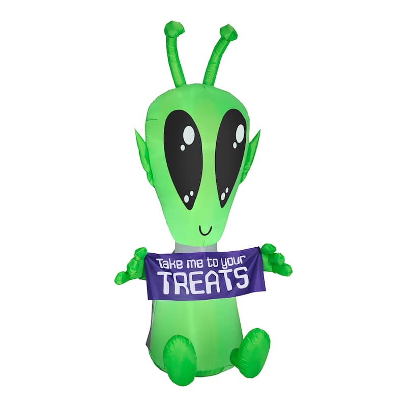 National Tree Company Halloween Inflatable Decoration, Multi, Alien with Sign, LED Lights, Plug In, 7 Feet