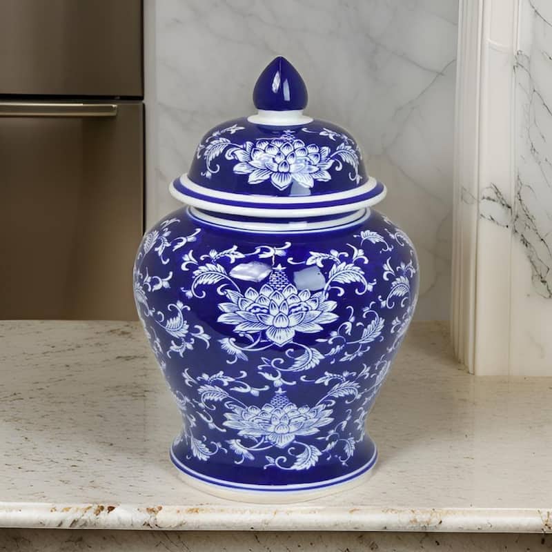 Sen 18 Inch Ceramic Temple Jar with Lid, Blue and White Flower Design