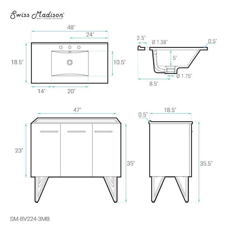 Annecy 48 In. Black Walnut Bathroom Vanity With Black, 3-Hole Ceramic Sink Top