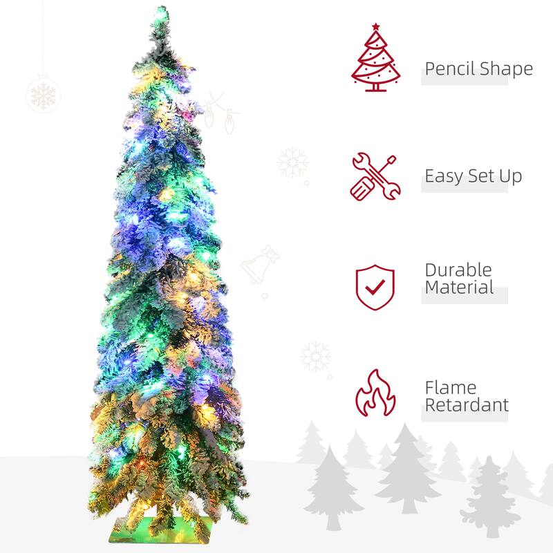 HOMCOM 4ft Tall Prelit Pencil Artificial Christmas Tree Holiday Décor with 225 Snow Flocked Branches, Downswept Shape - 3.93 ft