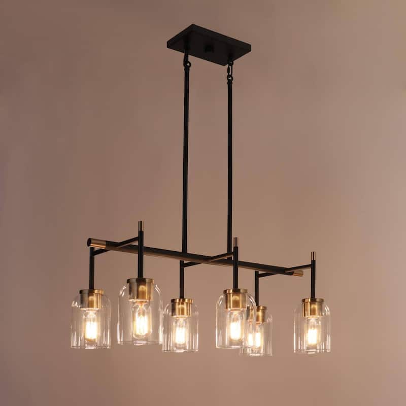 Modern Farmhouse 6-light Black Gold Linear Chandelier Islands Lights for Dining Room - L 27.5" x W 13" x H 11.5"