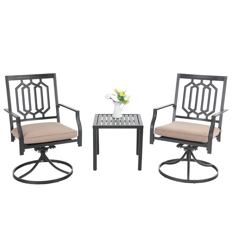 MAISON ARTS 3-Pcs Outdoor Dining Set,1 Steel Swivel Dining Chair with Cushion and 1 Black Small Metal Square Coffee Table