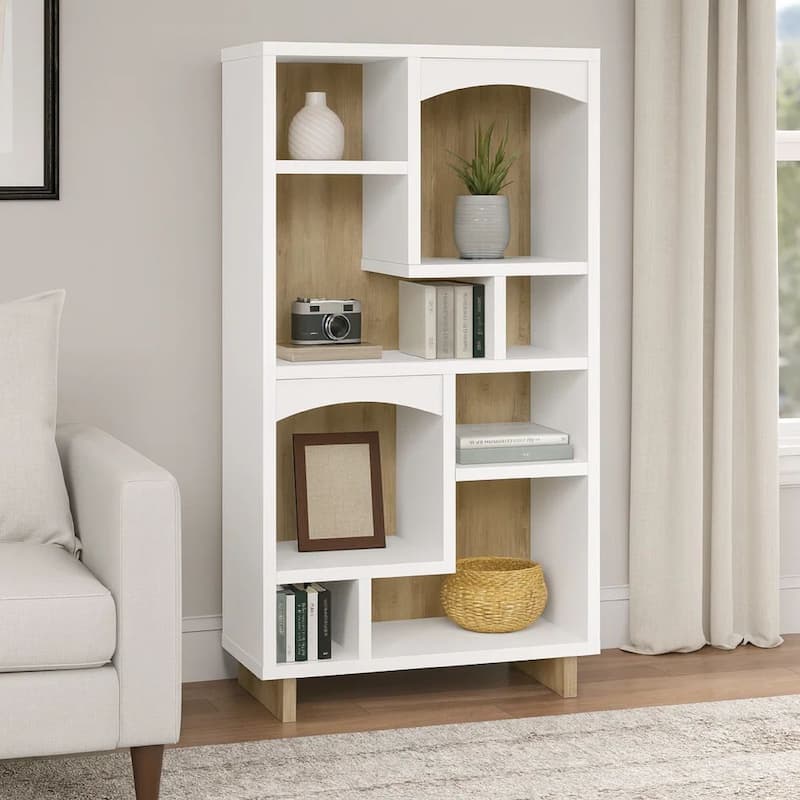 Aton Bookcase, Multiple Shelves and Compartments, Distressed White