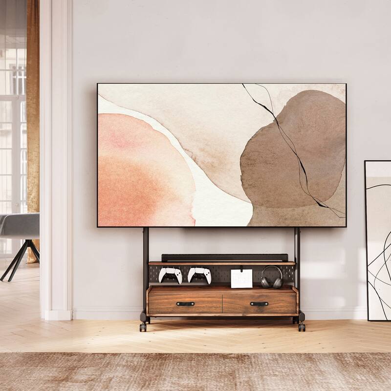 FITUEYES Mobile TV Stand for 70-100 inch Large TVs, Height Adjustable and Multi-functional with Wooden Large Drawer Storage