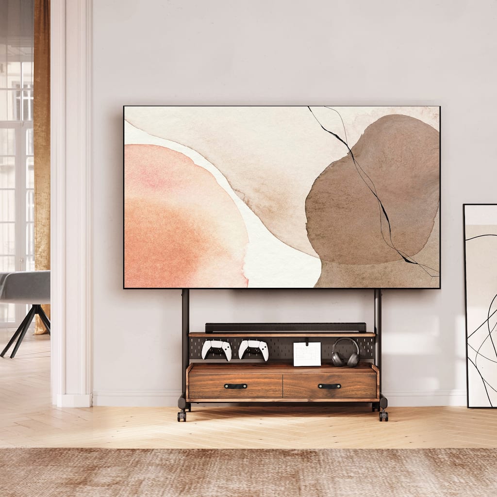 FITUEYES Mobile TV Stand for 70-100 inch Large TVs, Height Adjustable and Multi-functional with Wooden Large Drawer Storage