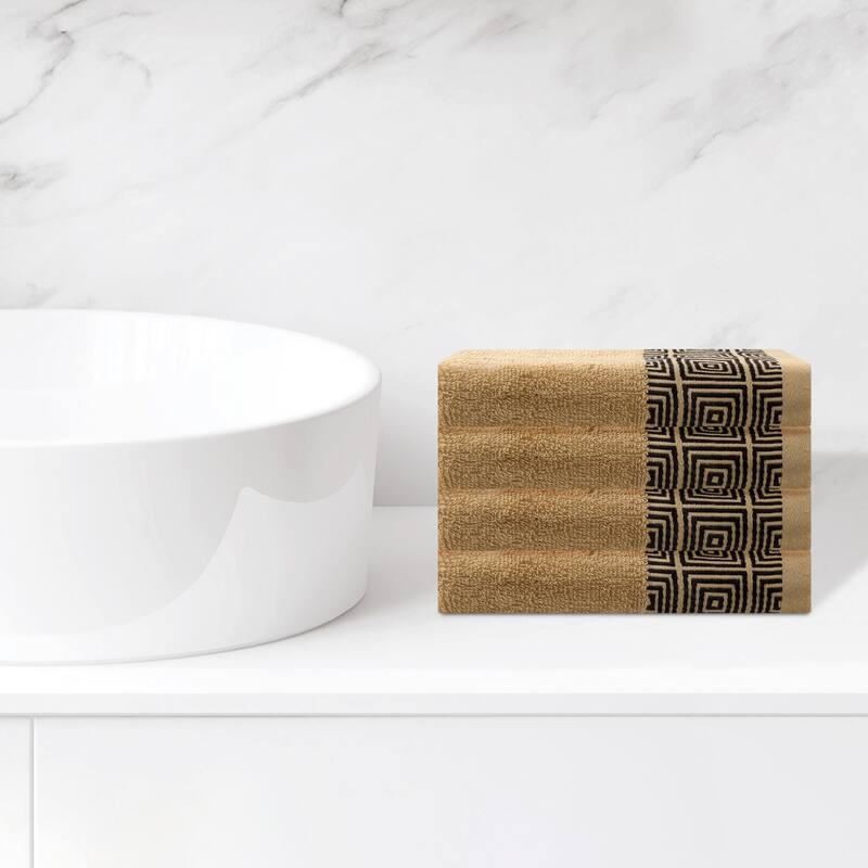 Geometric Patterns Washcloths Set, Cotton Bath Towels, Low Linting Face Towels for Bathroom, Hotel, Spa 13" x 13" - Light Brown - 4 Pack