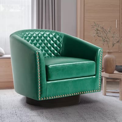 Tufted PU Vegan Leather Swivel Barrel Chair with Nailheads Trim
