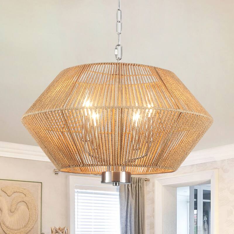 4-Light Dimmable Pendant Light, Paper Rattan Lampshade Candle Chandelier for Living Room with no bulbs included