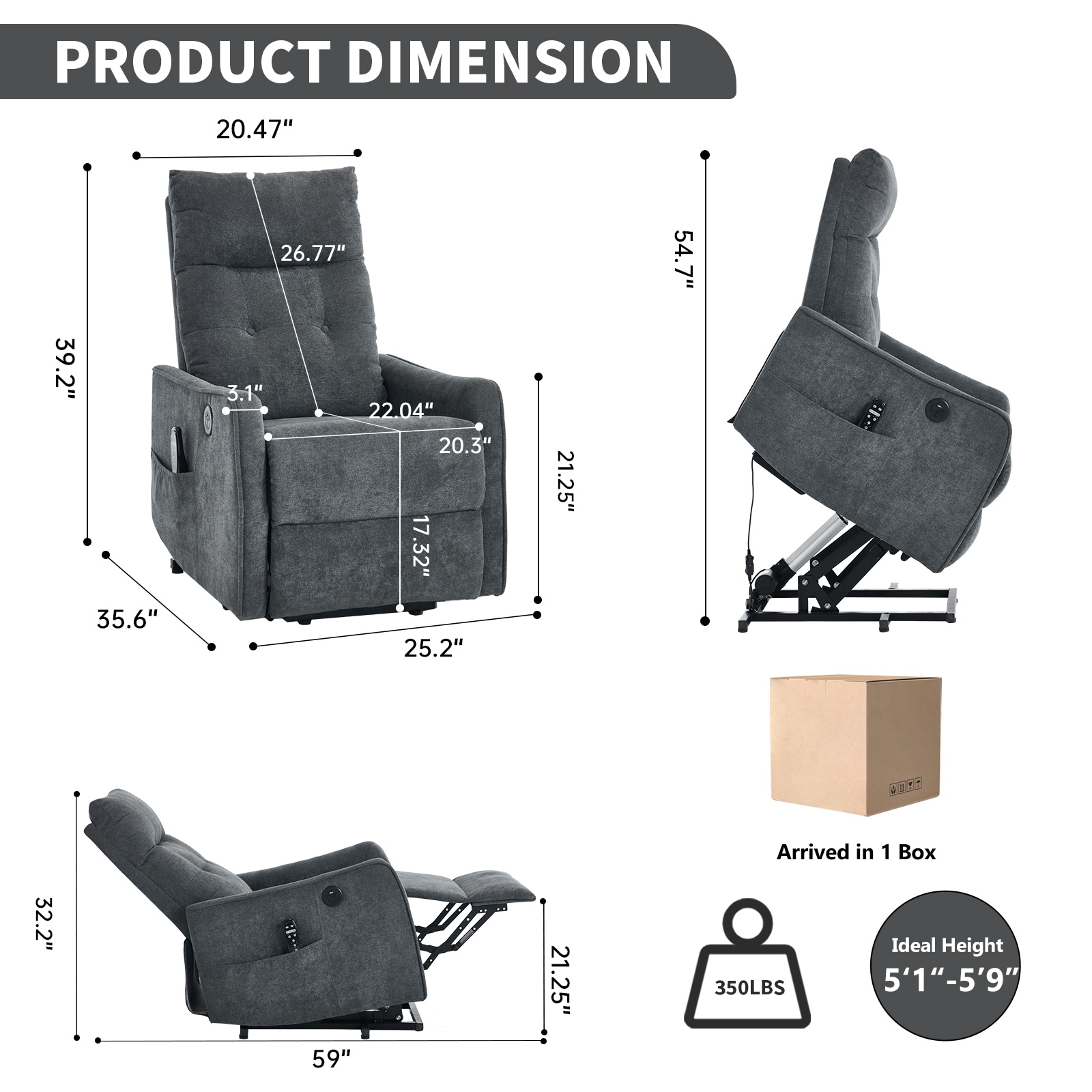 Chenille Power Lift Recliner Chair, Single Motor Heavy Duty Recliner Chair with Massage & Heat, Lounge Sofa Chair with USB Port