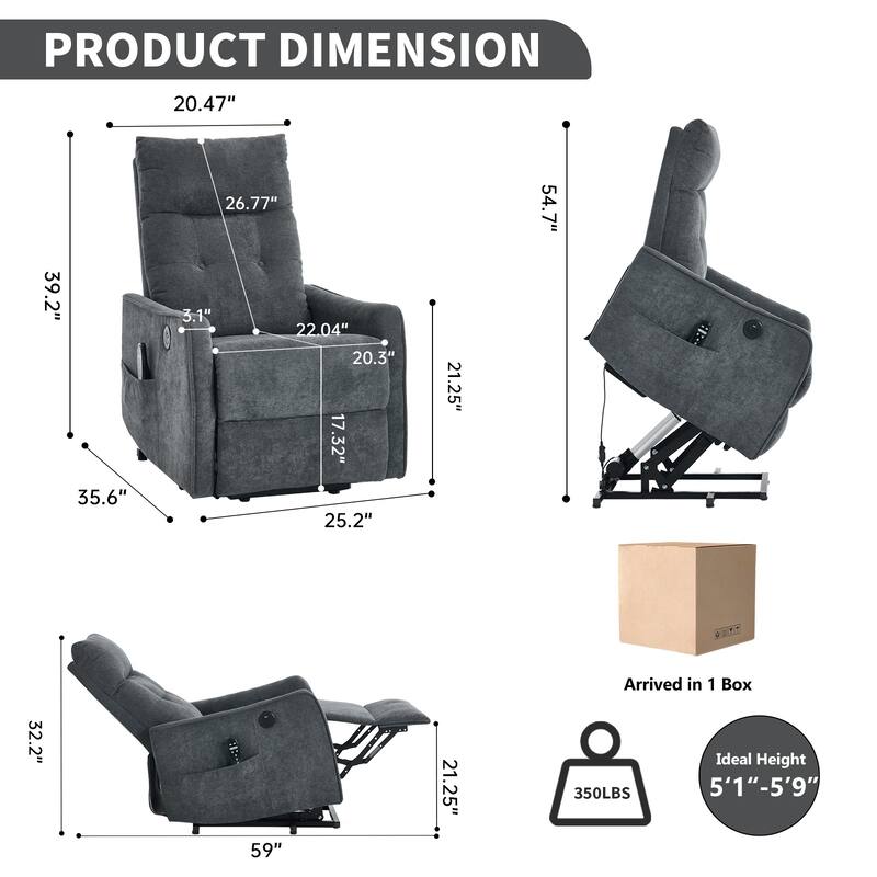 Chenille Single Motor Power Lift Recliner Chair with Massage and Heat for Elderly, Heavy Duty Motion Mechanism and One USB