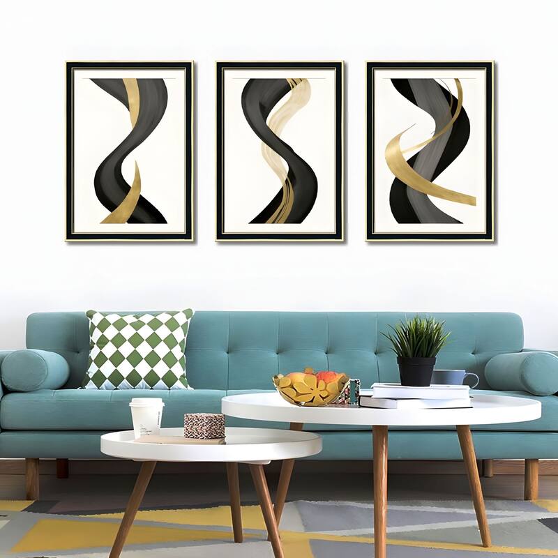 Set of 3 Black and Gold Abstract Framed Wall Art - Replaceable Canvas Prints with Solid Wood Picture Frames
