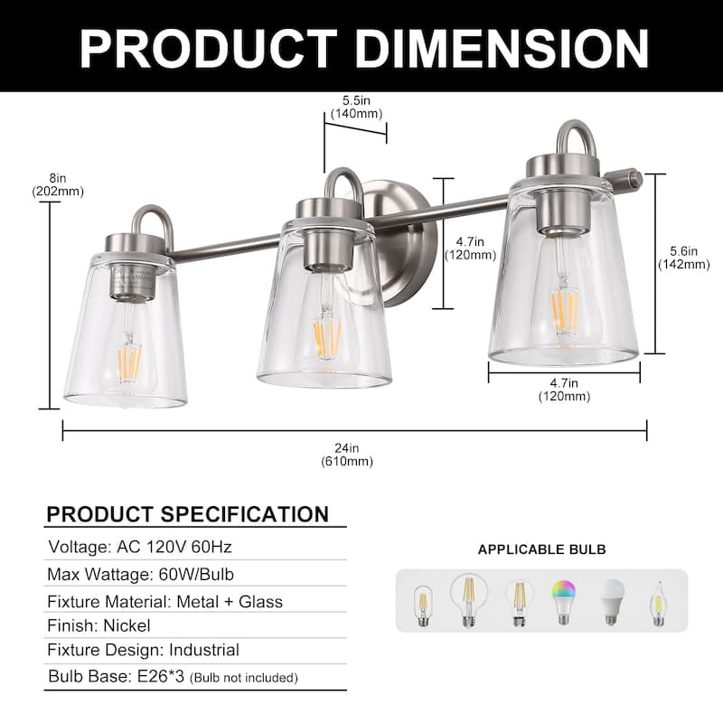 3-Light Brushed Nickel Cylinder Modern Bathroom Vanity Light with Clear Glass Shade,Wall Lamp for Mirror Kitchen Bedroom