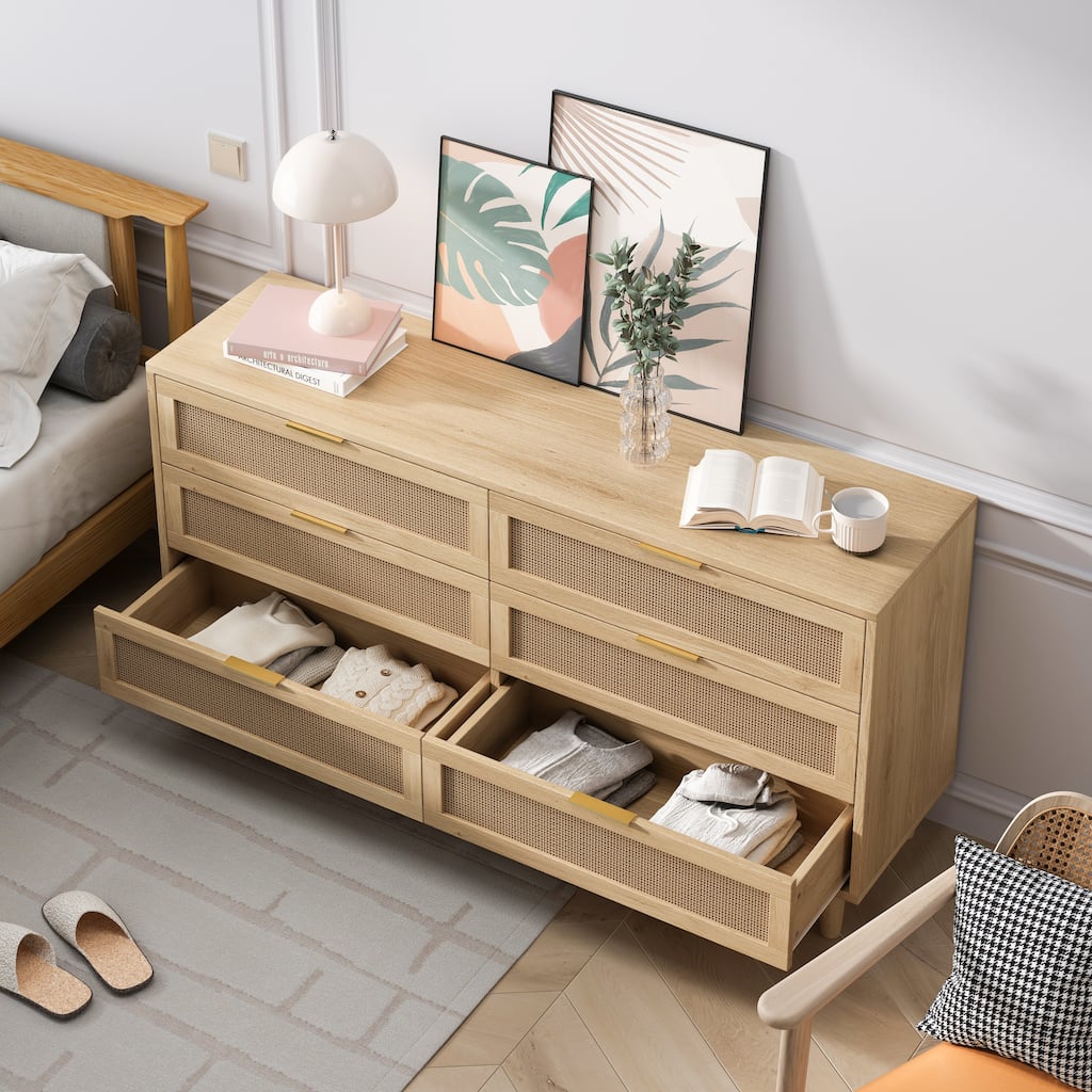 6-Drawers Rattan Storage Cabinet with White Drawer Slides