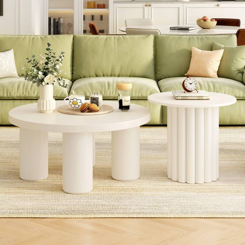 Modern Coffee Table Set of 2, Round Coffee Table with Cylindrical Leg Design and 1 End Table for Living Room
