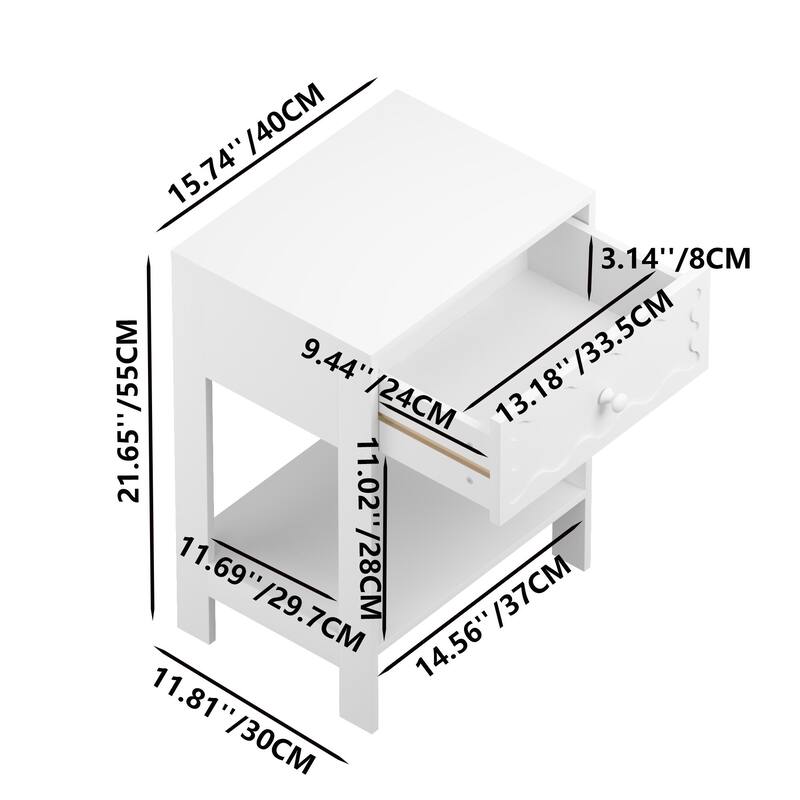 Nightstand with Drawer and Open Shelf, Modern Wave Pattern Bedside Table, Solid Wood Frame End Table for Bedroom, Living Room