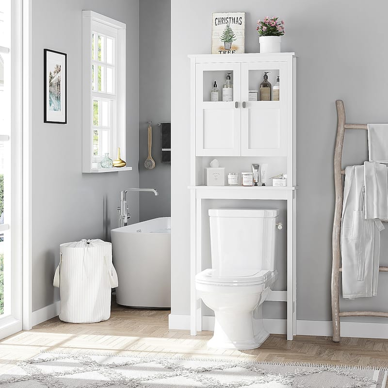 COSTARS Bathroom Cabinet Over Toilet, Bathroom Storage Cabinet with Glass Doors and Adjustable Shelves, White - White - Painted