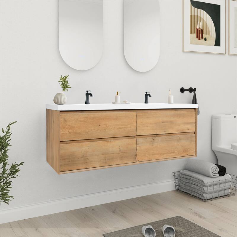 NebulaSky 60 in Wall Mounted Double Sink Bathroom Vanity with Top Combo Cabinet Vanity Set Invisible Handles