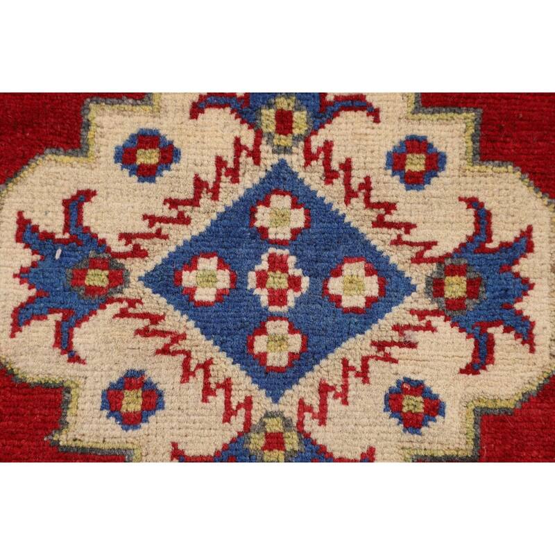 Red Geometric Kazak Oriental Accent Rug Handmade Foyer Wool Carpet - 2'8" x 3'9"
