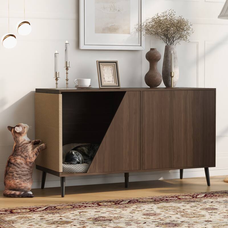Modern Sideboard Cabinet with Cat Scratching Board, Pet-Friendly Storage Buffet with Spring-Loaded Door