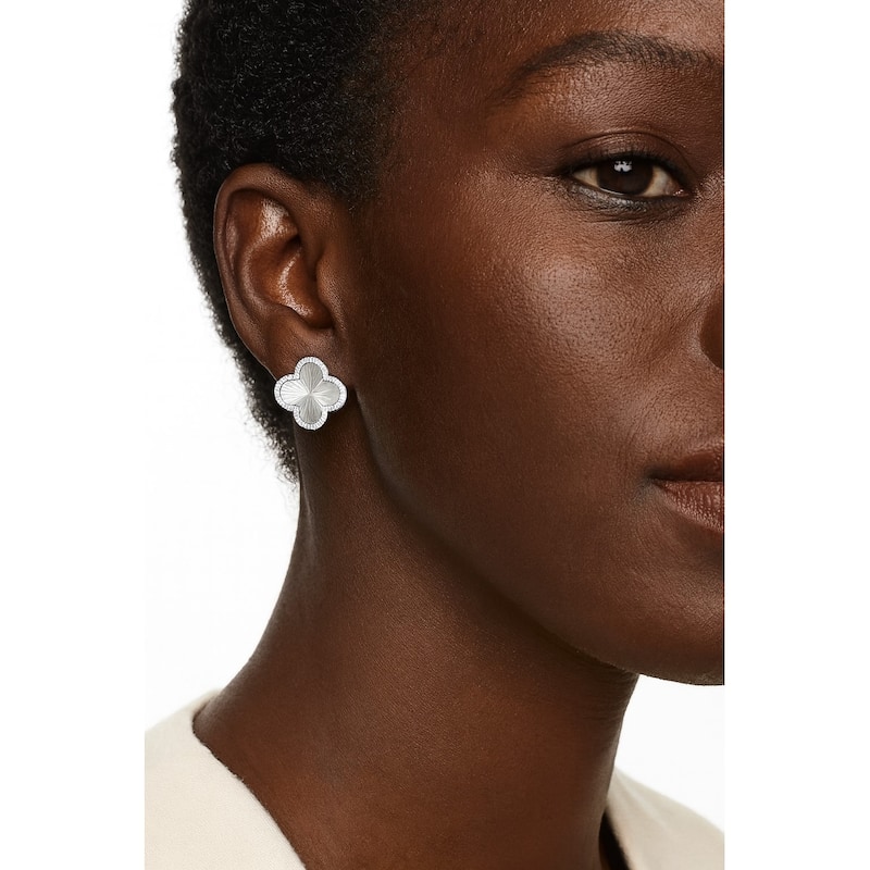Rhodium Satin Finish Cubic Zirconia Clover Stud Earrings