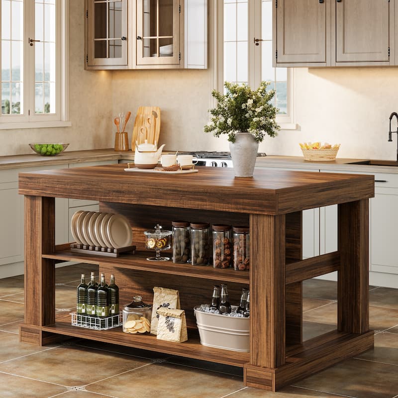59 Inch Stationary Kitchen Island with Seating and Shelves, Farmhouse Style - 31.5" D x 55.12" W x 35.43" H - Dark Brown