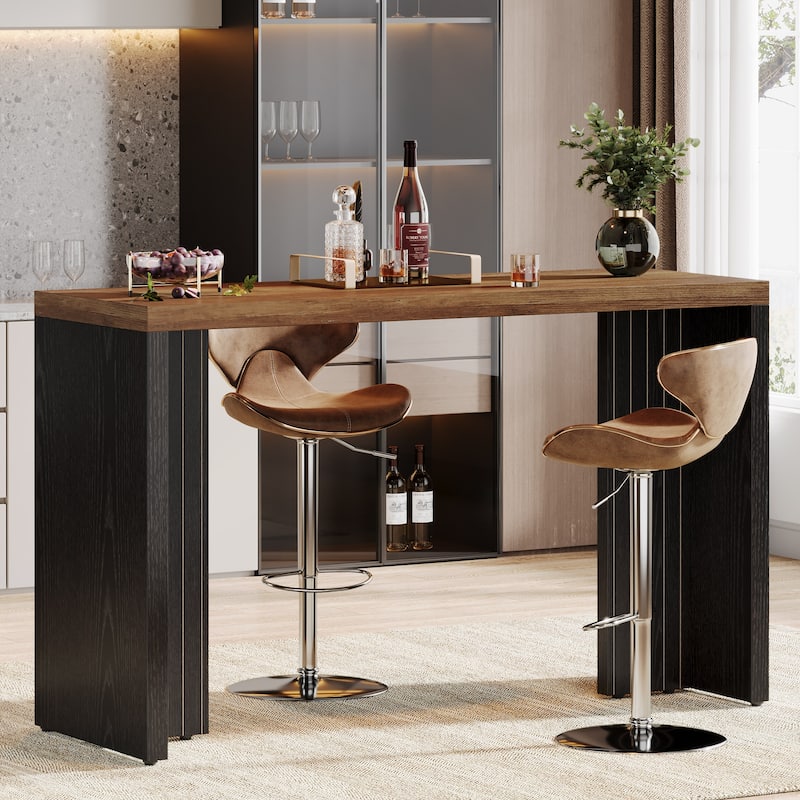 Home Bar Unit, 55.12-Inch Bar Table with Large Tabletop - 55.12" L x 19.69" W x 35.83" H - Black+Brown