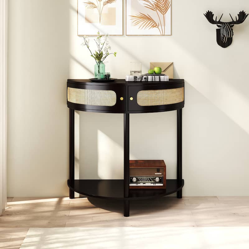 Boho Rattan Semi Circle End Table with Sliding Rattan Door,Elegant Entryway Console with Storage and Bottom Shelf