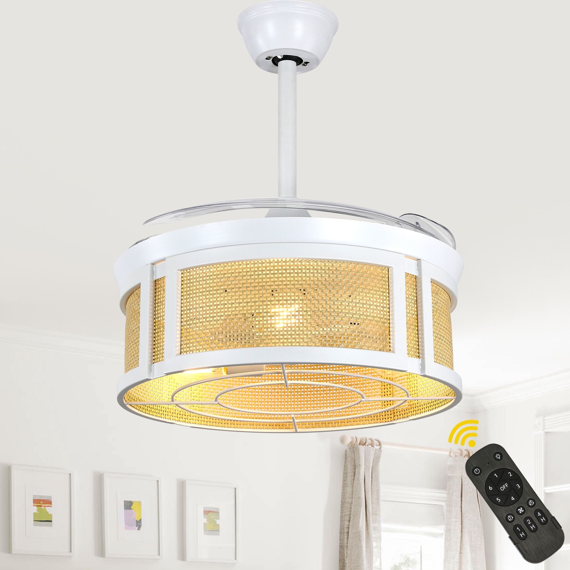 Bella Depot 42" Modern White Retractable Ceiling Fan with Light and Remote Control DC Motor Rattan Caged Ceiling Fan